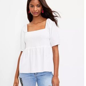 Loft Smocked Puff Sleeve Peplum Top NWT